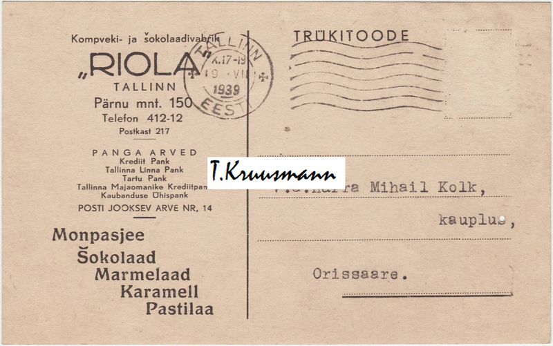 Riola_Tallinn_postkaart_Trükitoode_A