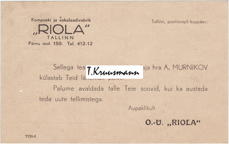 Riola_Tallinn_postkaart_Trükitoode_R