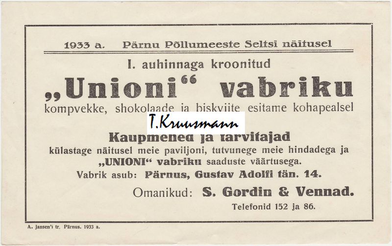 Union_S_Gordin__vennad_Pärnus_reklaam